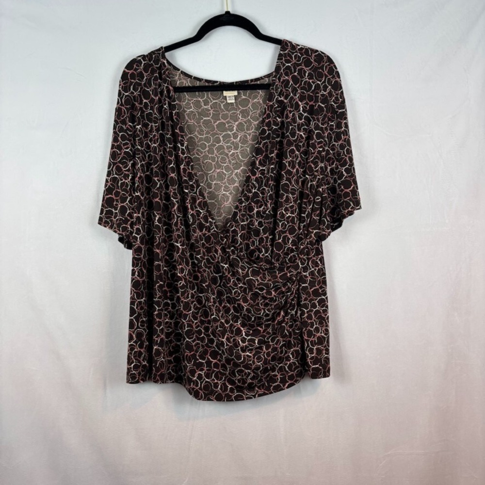 Merona‎ Womens Pink Brown Y2K Faux Wrap Stretch Short Sleeve Blouse SZ 20/22W